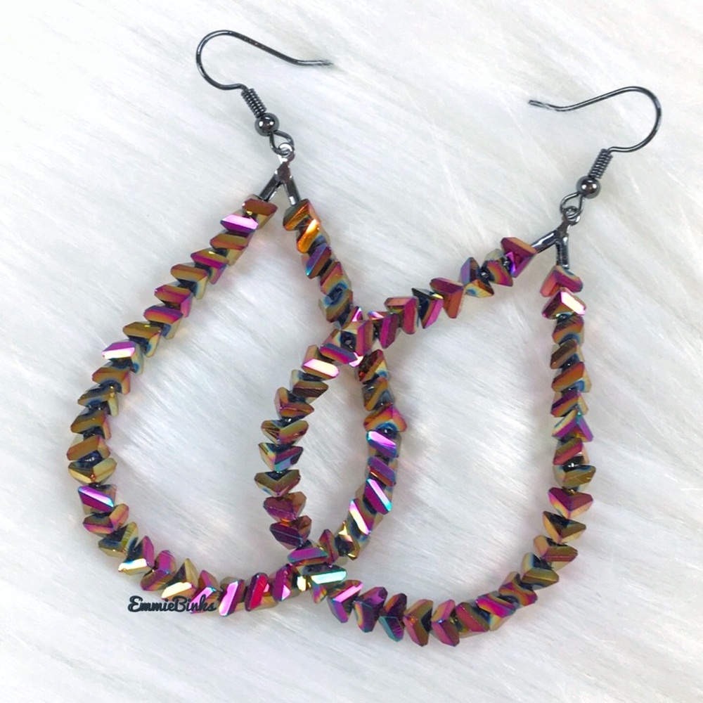 New FP Oil Slick Holographic Beaded Teardrop Dangle Earrings - Picture 5 of 14